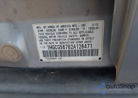 2002 Honda Accord 2.3 Se из США, поврежденный, VIN 1HGCG56782A126471